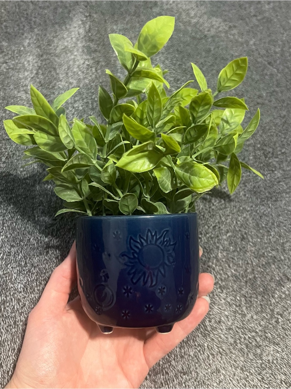 Ceramic Sun Motif Planter in Dark Blue with Faux Greenery